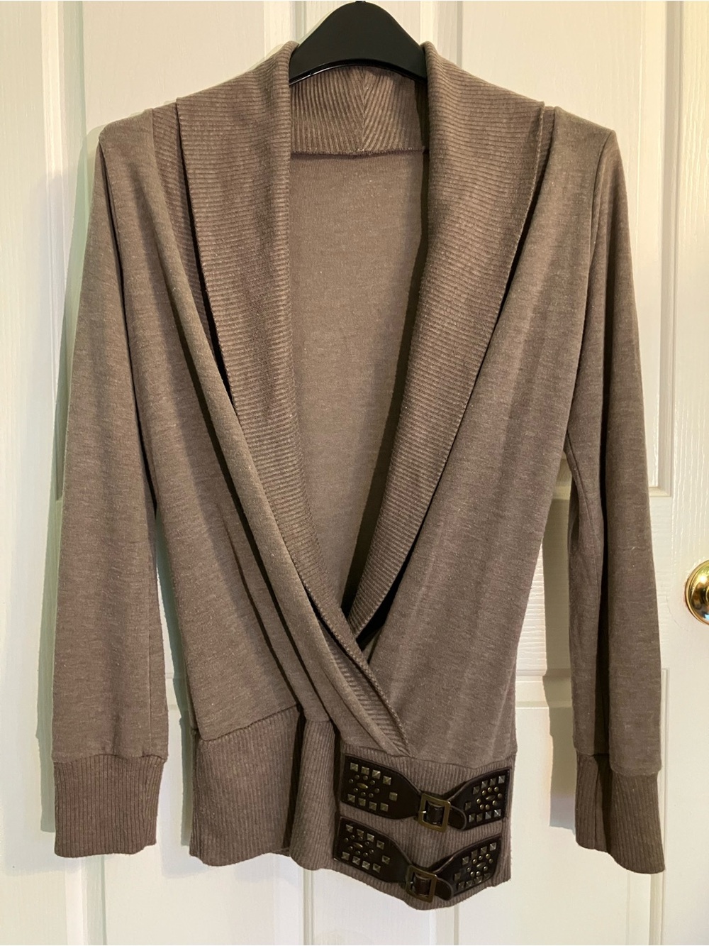 Studded Buckle Wrap Cardigan in Taupe